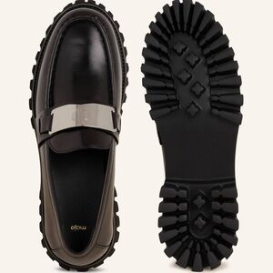 Maje Black Leather Silver Placard Lug Platform Apron Toe Loafers
